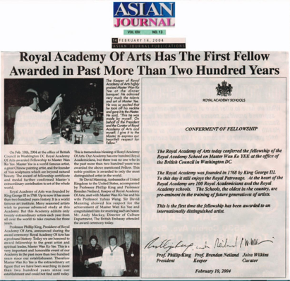 Royal Academy Of Arts awarded Fellowship to Master Wan Ko Yee （H.H. Dorje Chang Buddha III)